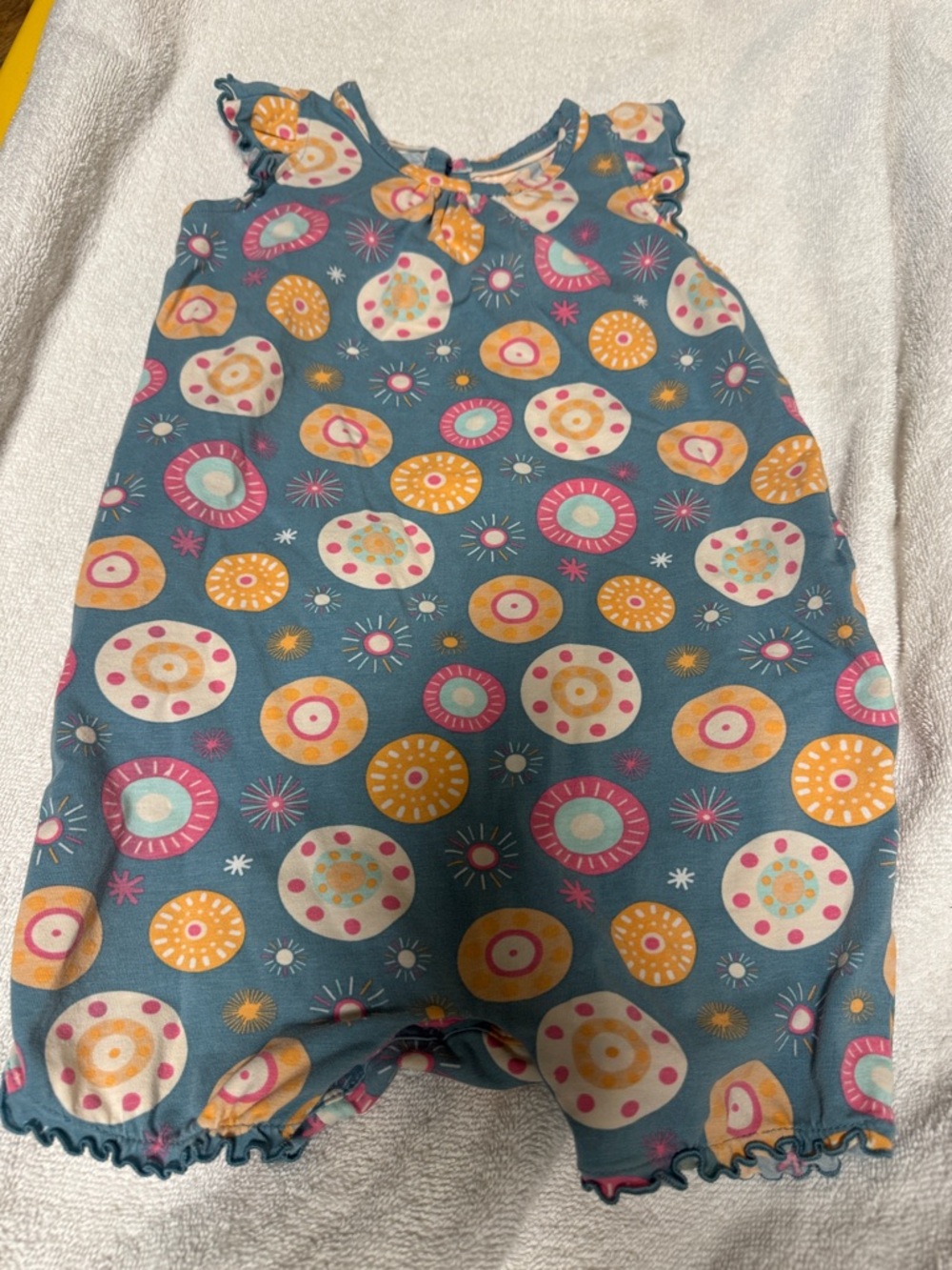 Ruffle Butts Teal Romper with Pink, Yellow & White Circle Print